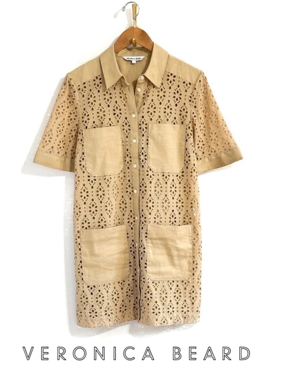 Veronica Beard Beige Rafaela Eyelet Mini Shirt Dress, Size 8
